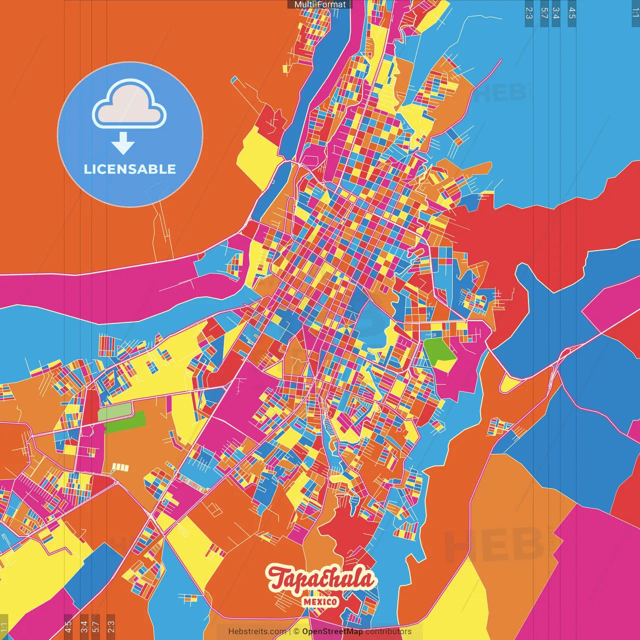Tapachula, Chiapas, Mexico Crazy Colorful Street Map Poster Template