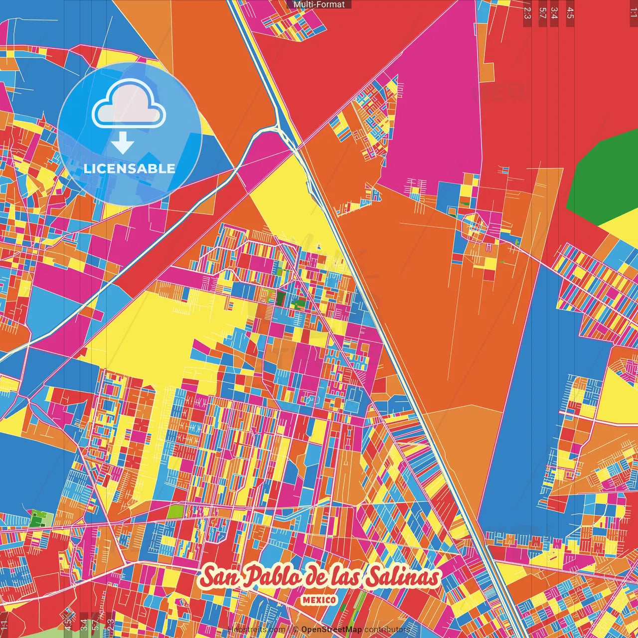 San Pablo de las Salinas, México, Mexico Crazy Colorful Street Map Poster Template