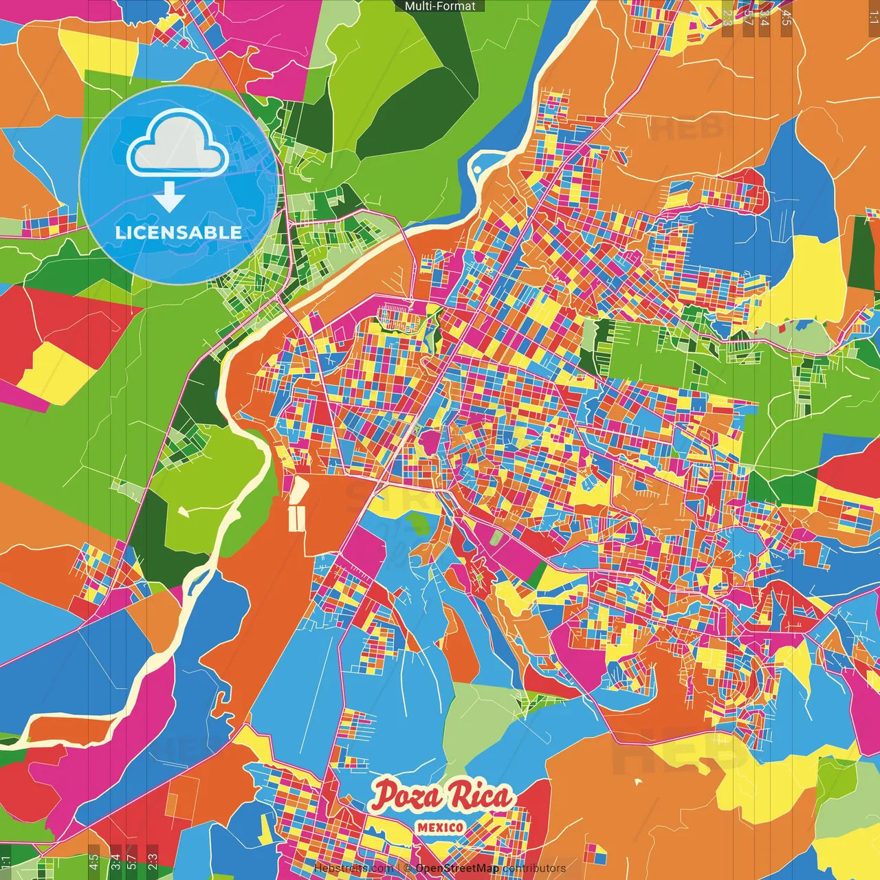 Poza Rica, Veracruz, Mexico Crazy Colorful Street Map Poster Template