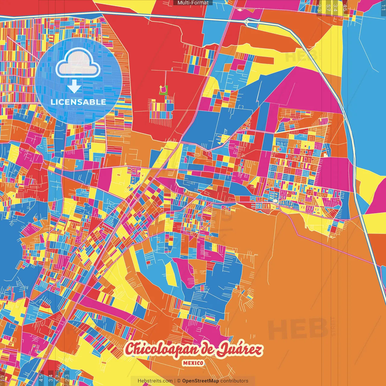 Chicoloapan de Juárez, México, Mexico Crazy Colorful Street Map Poster Template