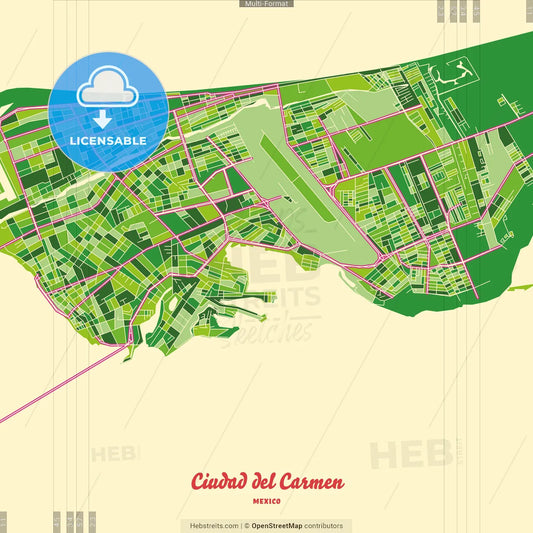 Ciudad del Carmen, Campeche, Mexico Crazy Colorful Street Map Poster Template