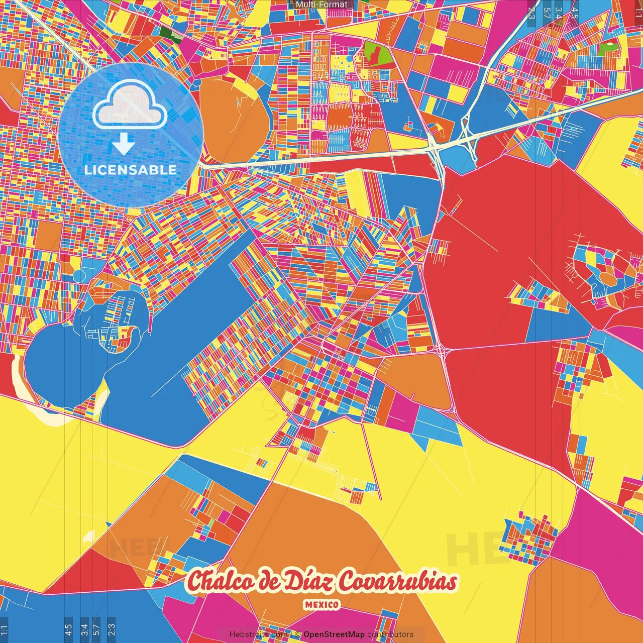 Chalco de Díaz Covarrubias, México, Mexico Crazy Colorful Street Map Poster Template