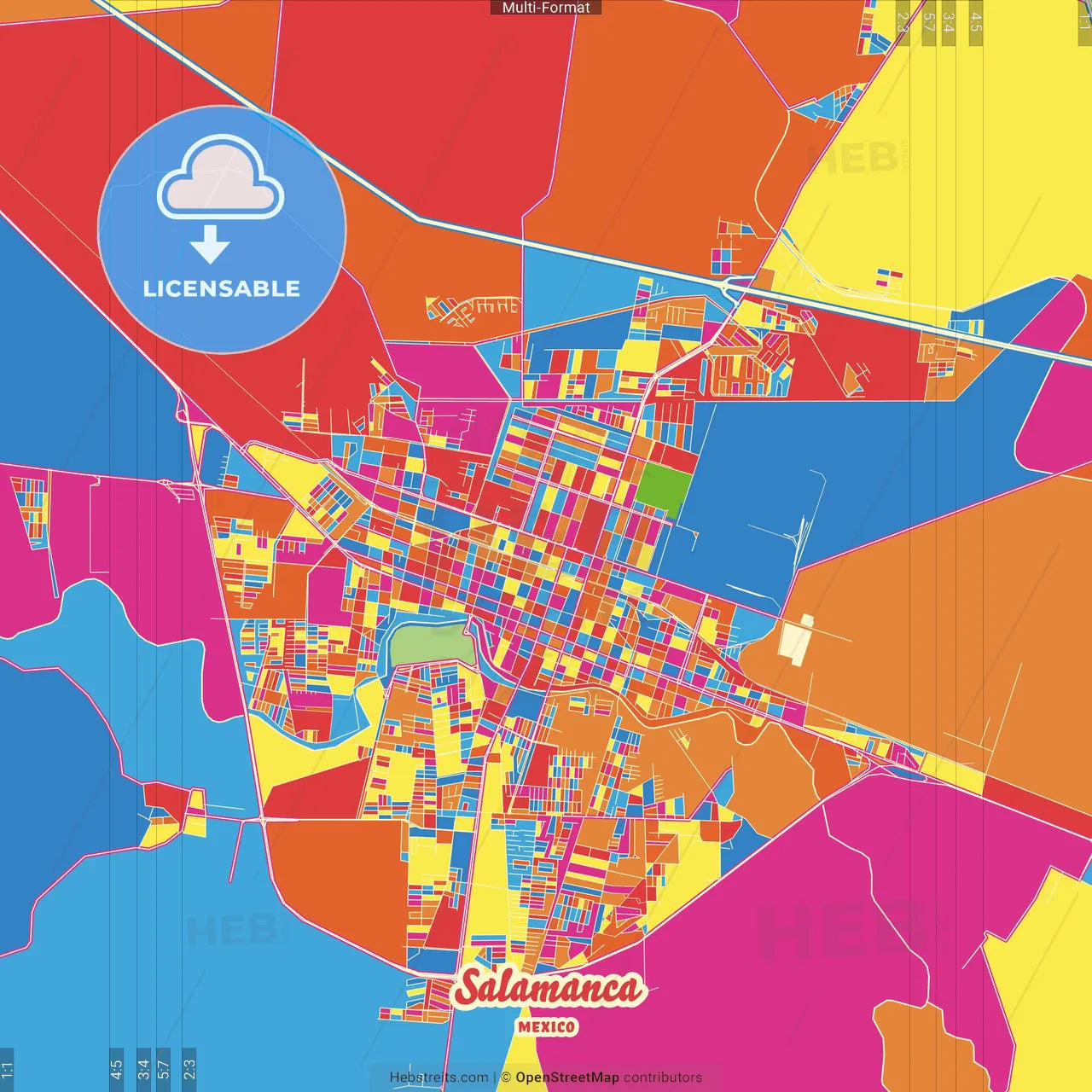 Salamanca, Guanajuato, Mexico Crazy Colorful Street Map Poster Template