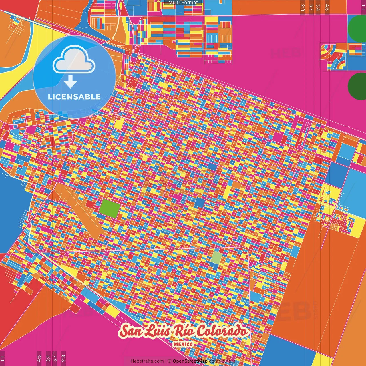 San Luis Río Colorado, Sonora, Mexico Crazy Colorful Street Map Poster Template