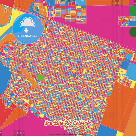 San Luis Río Colorado, Sonora, Mexico Crazy Colorful Street Map Poster Template