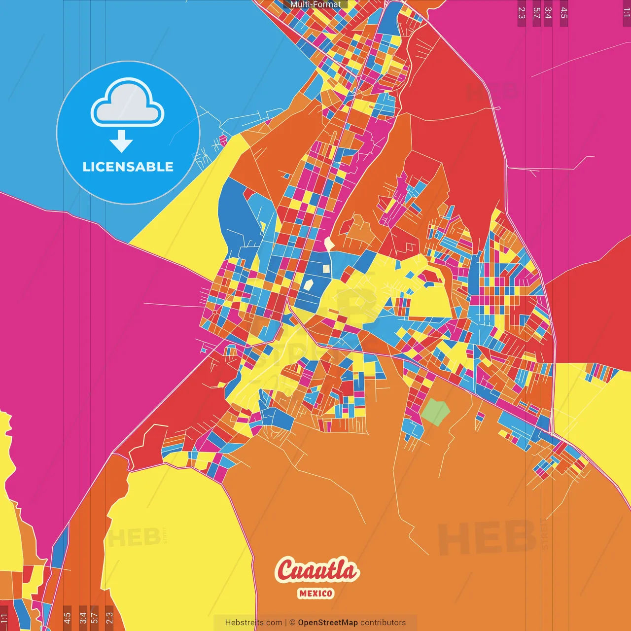 Cuautla, Morelos, Mexico Crazy Colorful Street Map Poster Template