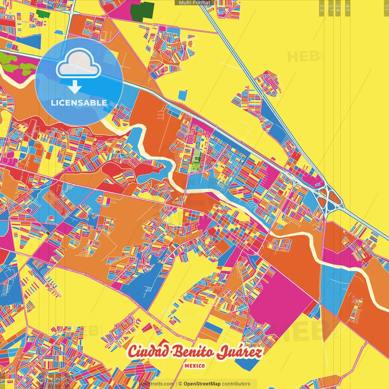 Ciudad Benito Juárez, Nuevo León, Mexico Crazy Colorful Street Map Poster Template