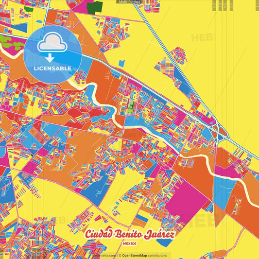 Ciudad Benito Juárez, Nuevo León, Mexico Crazy Colorful Street Map Poster Template