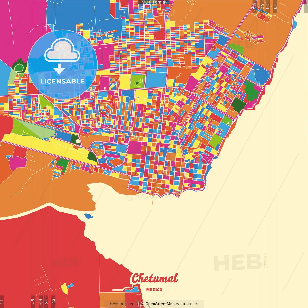 Chetumal, Quintana Roo, Mexico Crazy Colorful Street Map Poster Template