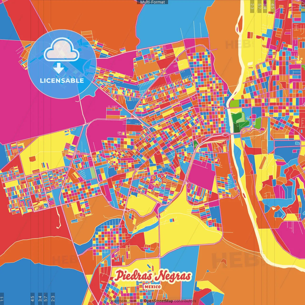 Piedras Negras, Coahuila, Mexico Crazy Colorful Street Map Poster Template