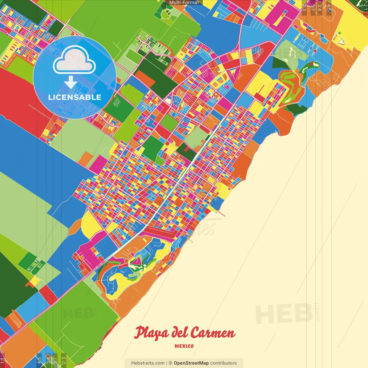 Playa del Carmen, Quintana Roo, Mexico Crazy Colorful Street Map Poster Template