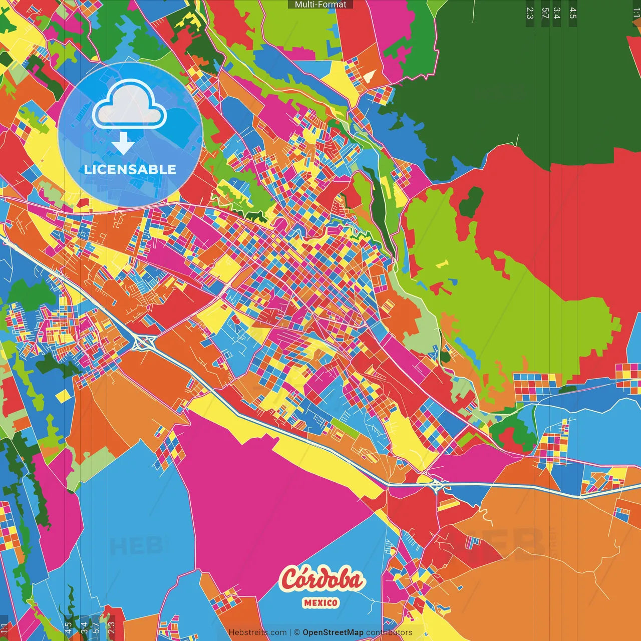 Córdoba, Veracruz, Mexico Crazy Colorful Street Map Poster Template