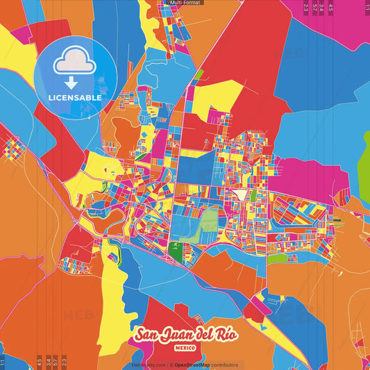 San Juan del Río, Querétaro, Mexico Crazy Colorful Street Map Poster Template