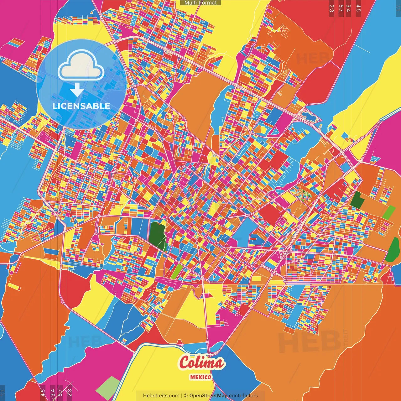 Colima, Colima, Mexico Crazy Colorful Street Map Poster Template