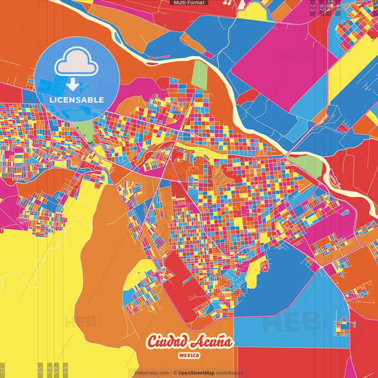 Ciudad Acuña, Coahuila, Mexico Crazy Colorful Street Map Poster Template