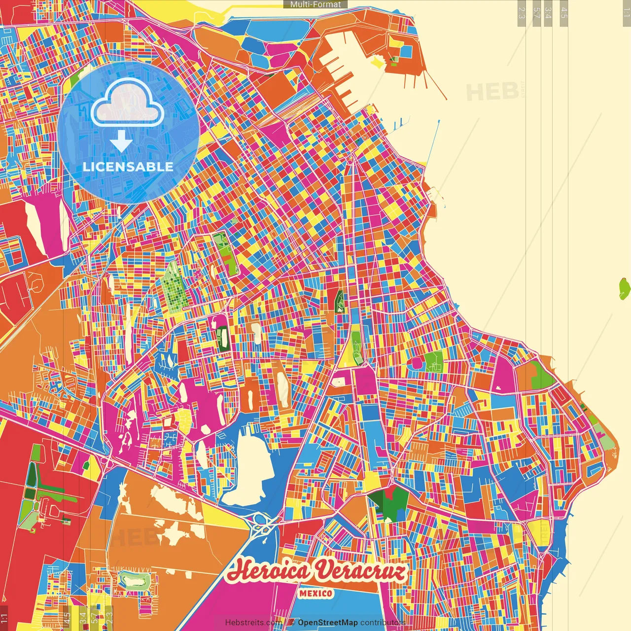 Heroica Veracruz, Veracruz, Mexico Crazy Colorful Street Map Poster Template