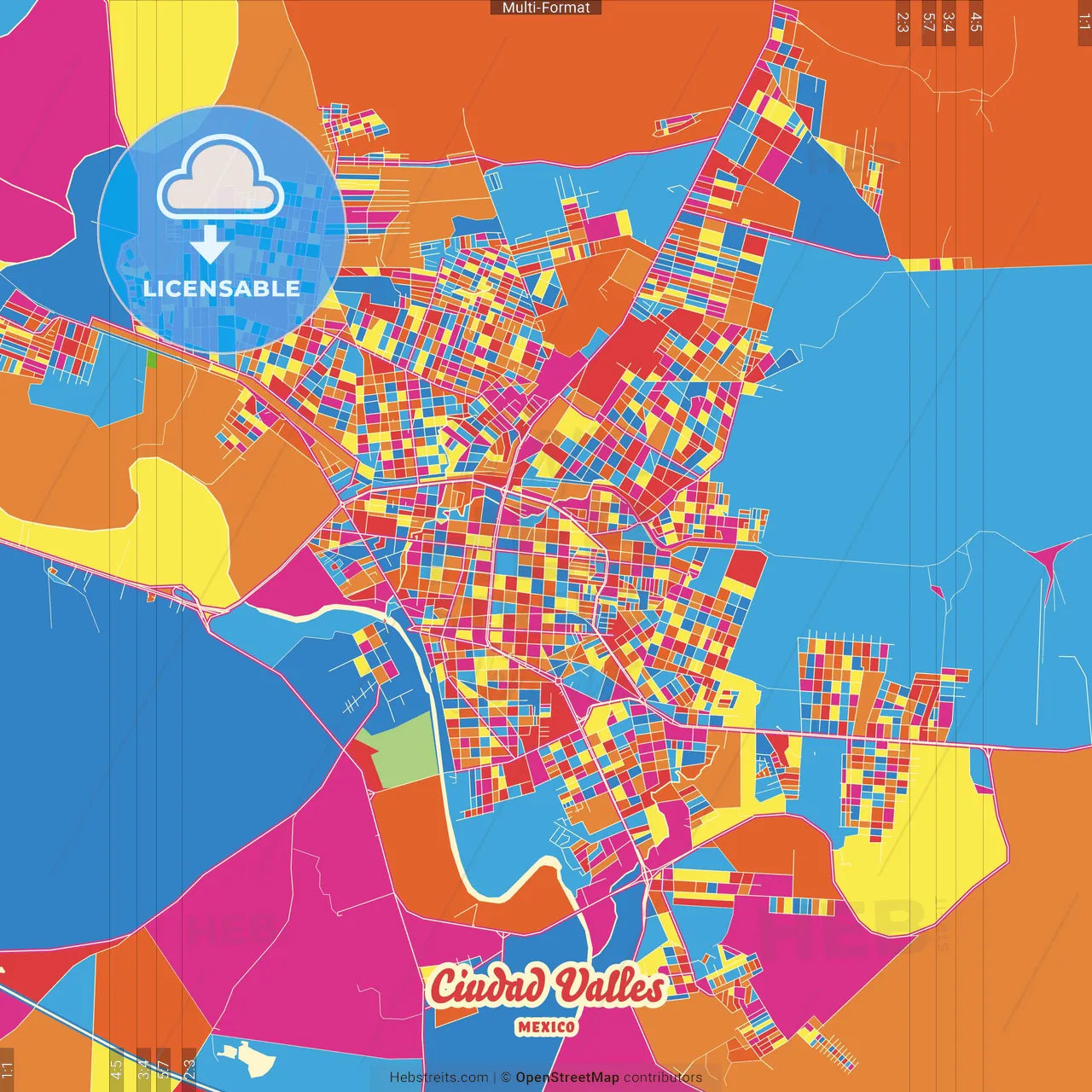 Ciudad Valles, San Luis Potosí, Mexico Crazy Colorful Street Map Poster Template