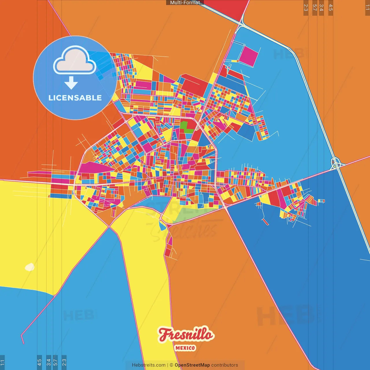 Fresnillo, Zacatecas, Mexico Crazy Colorful Street Map Poster Template