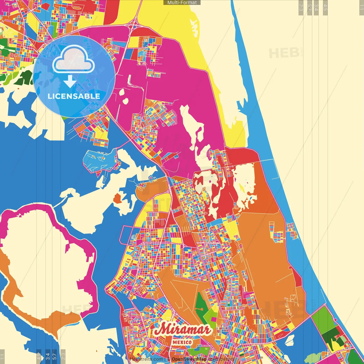 Miramar, Tamaulipas, Mexico Crazy Colorful Street Map Poster Template