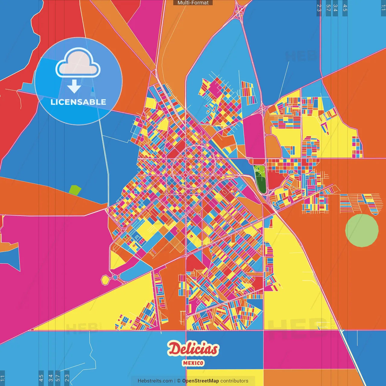 Delicias, Chihuahua, Mexico Crazy Colorful Street Map Poster Template