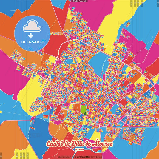 Ciudad de Villa de Álvarez, Colima, Mexico Crazy Colorful Street Map Poster Template