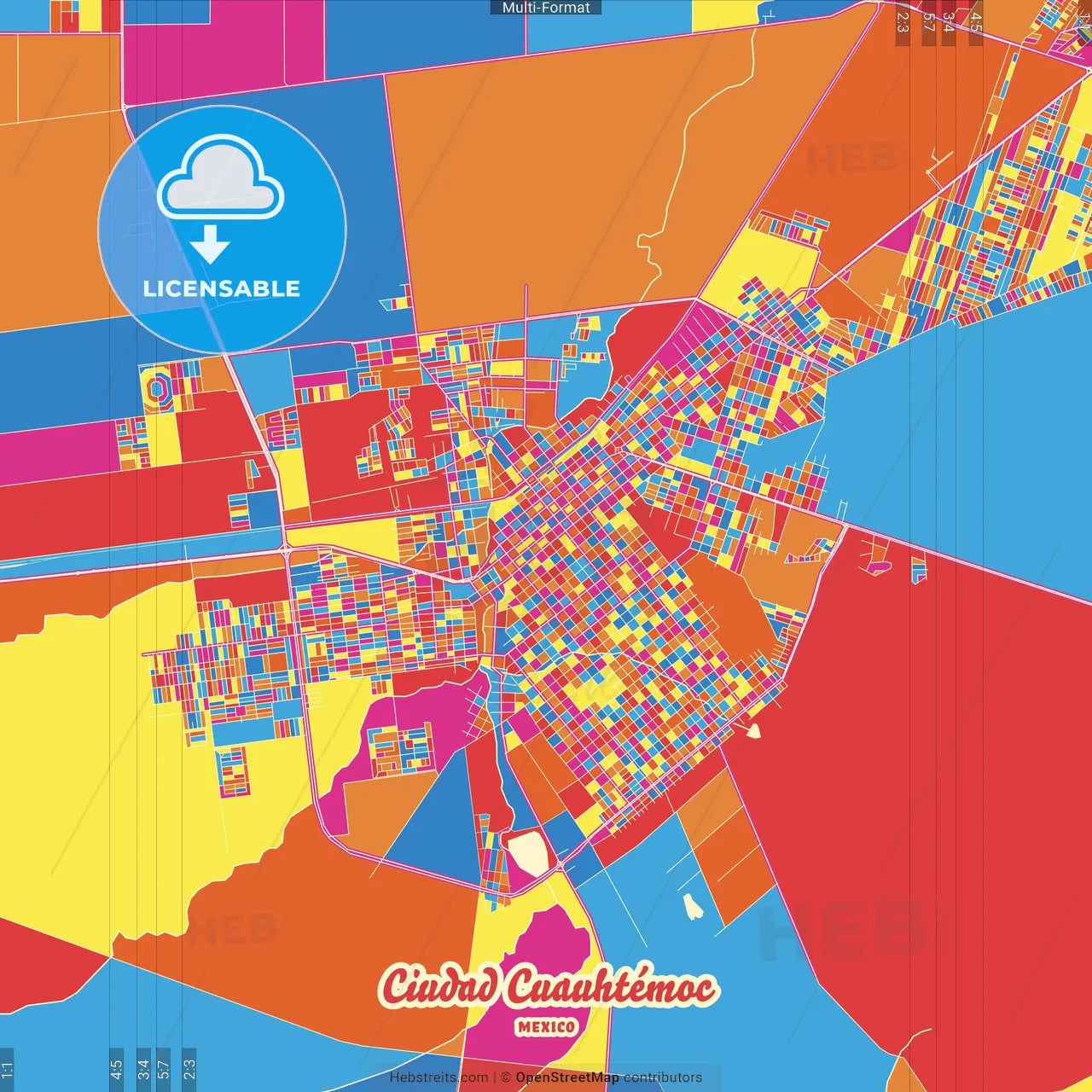 Ciudad Cuauhtémoc, Chihuahua, Mexico Crazy Colorful Street Map Poster Template