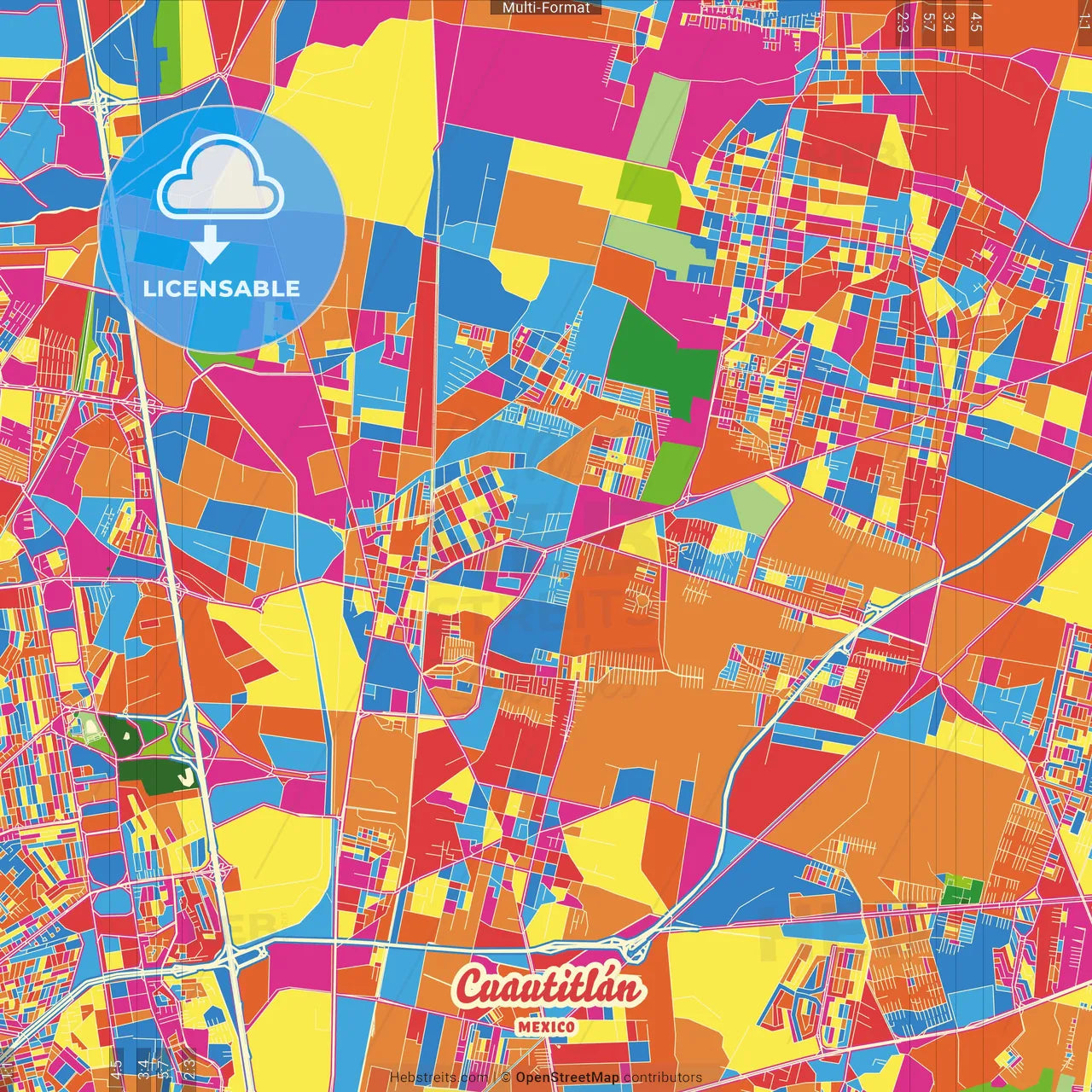 Cuautitlán, México, Mexico Crazy Colorful Street Map Poster Template