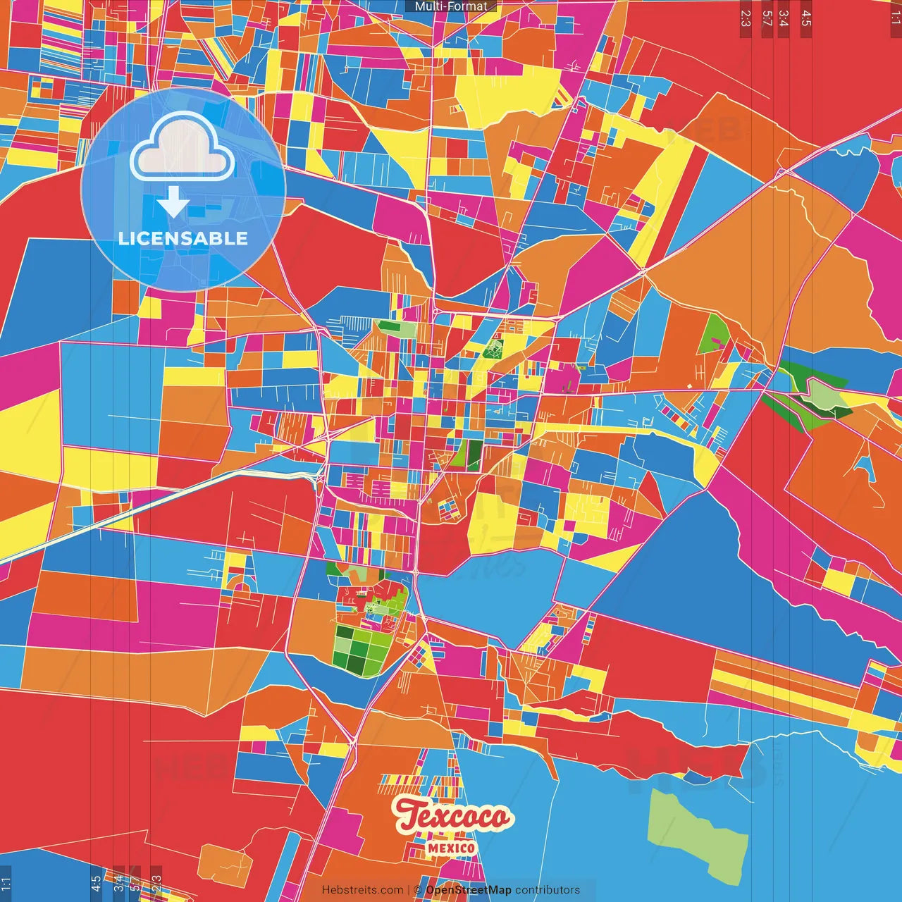 Texcoco, México, Mexico Crazy Colorful Street Map Poster Template