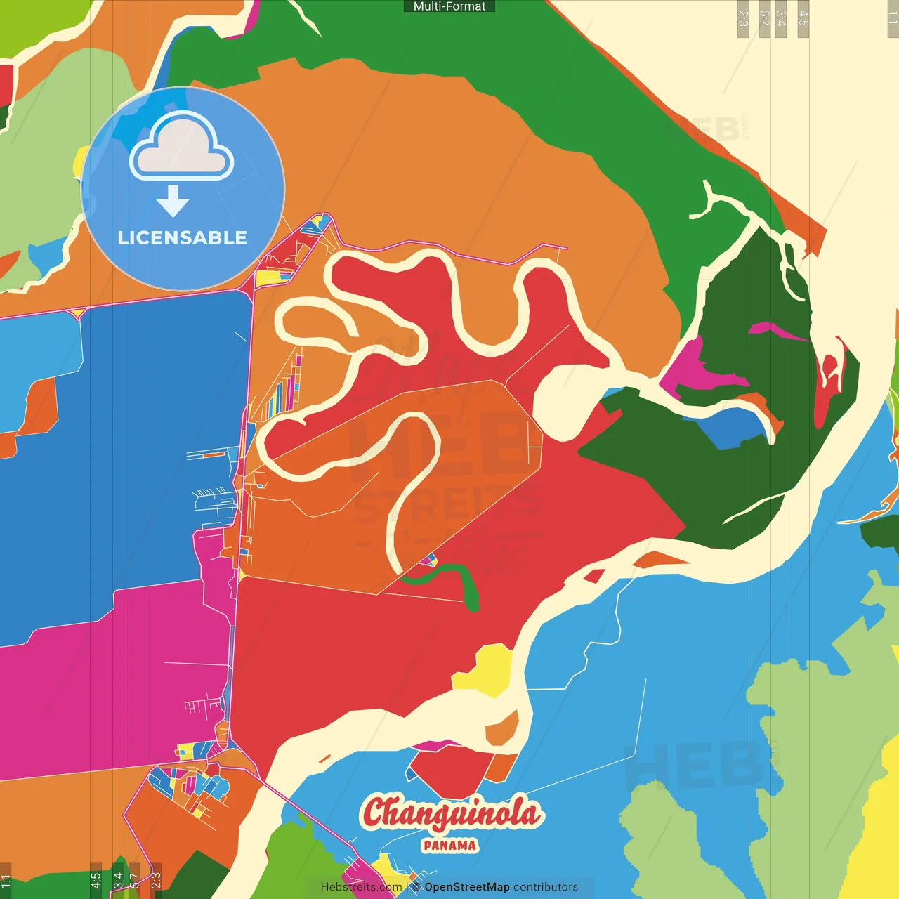 Changuinola, Bocas del Toro, Panama Crazy Colorful Street Map Poster Template