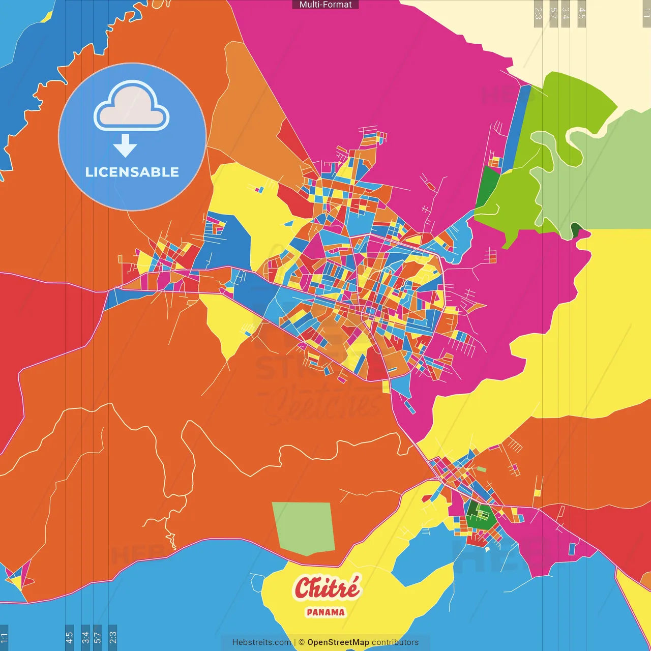 Chitré, Herrera, Panama Crazy Colorful Street Map Poster Template