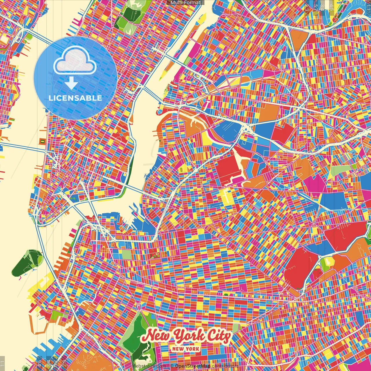 New York City, New York, United States Crazy Colorful Street Map Poster Template