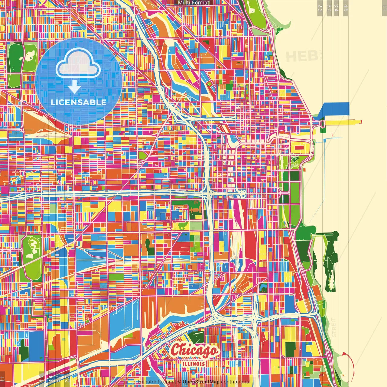 Chicago, Illinois, United States Crazy Colorful Street Map Poster Template