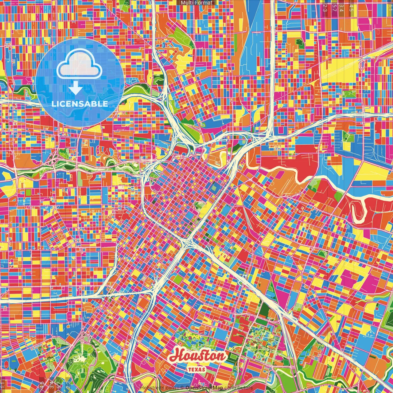 Houston, Texas, United States Crazy Colorful Street Map Poster Template