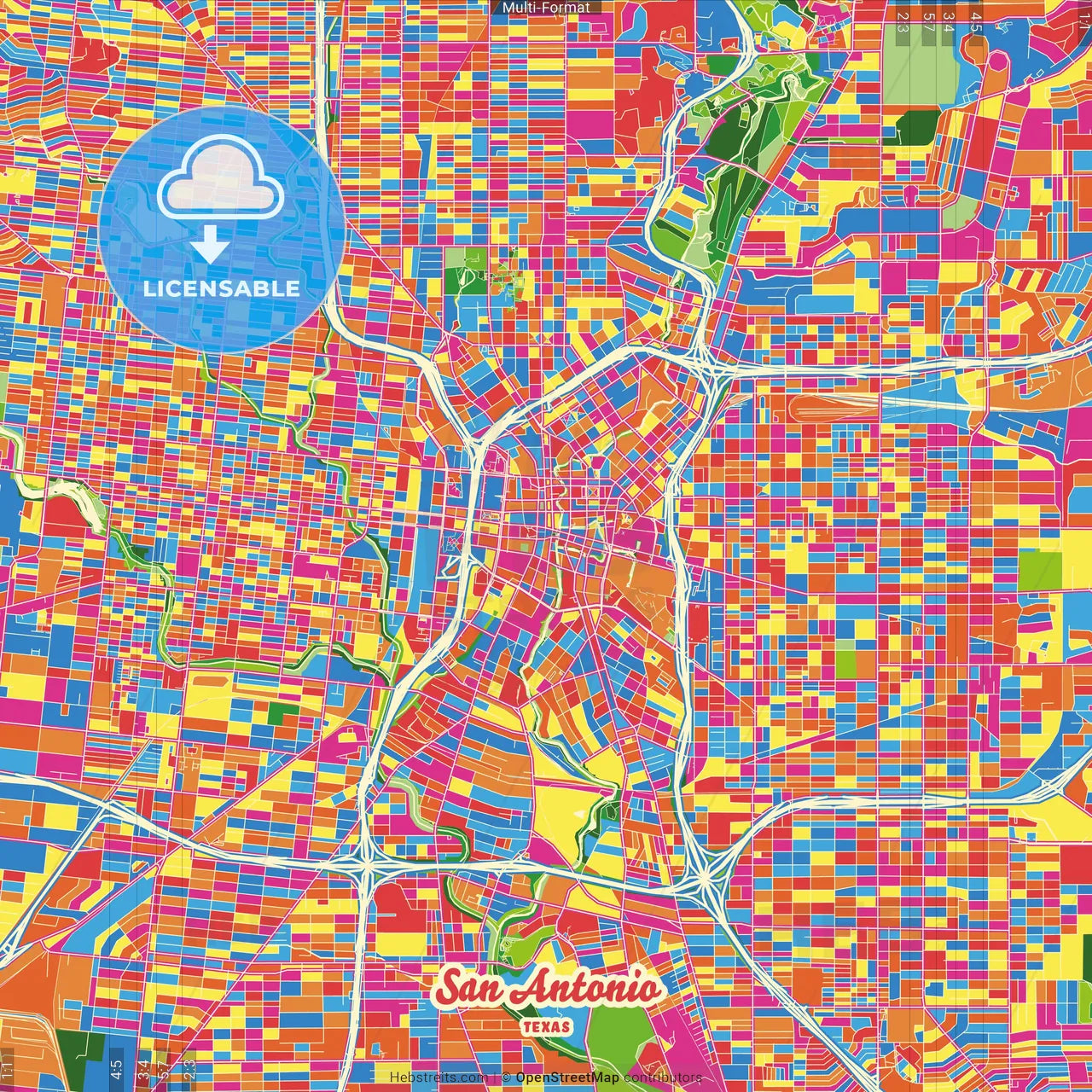 San Antonio, Texas, United States Crazy Colorful Street Map Poster Template