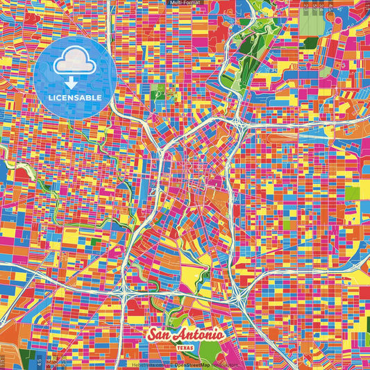 San Antonio, Texas, United States Crazy Colorful Street Map Poster Template