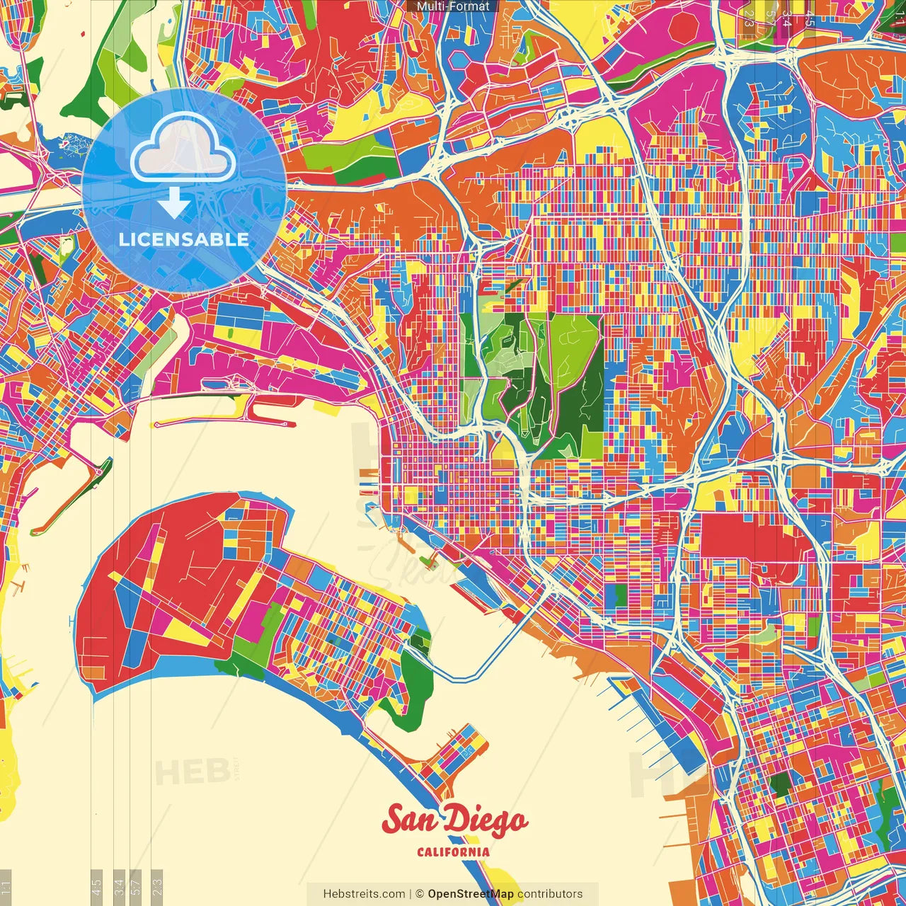 San Diego, California, United States Crazy Colorful Street Map Poster Template