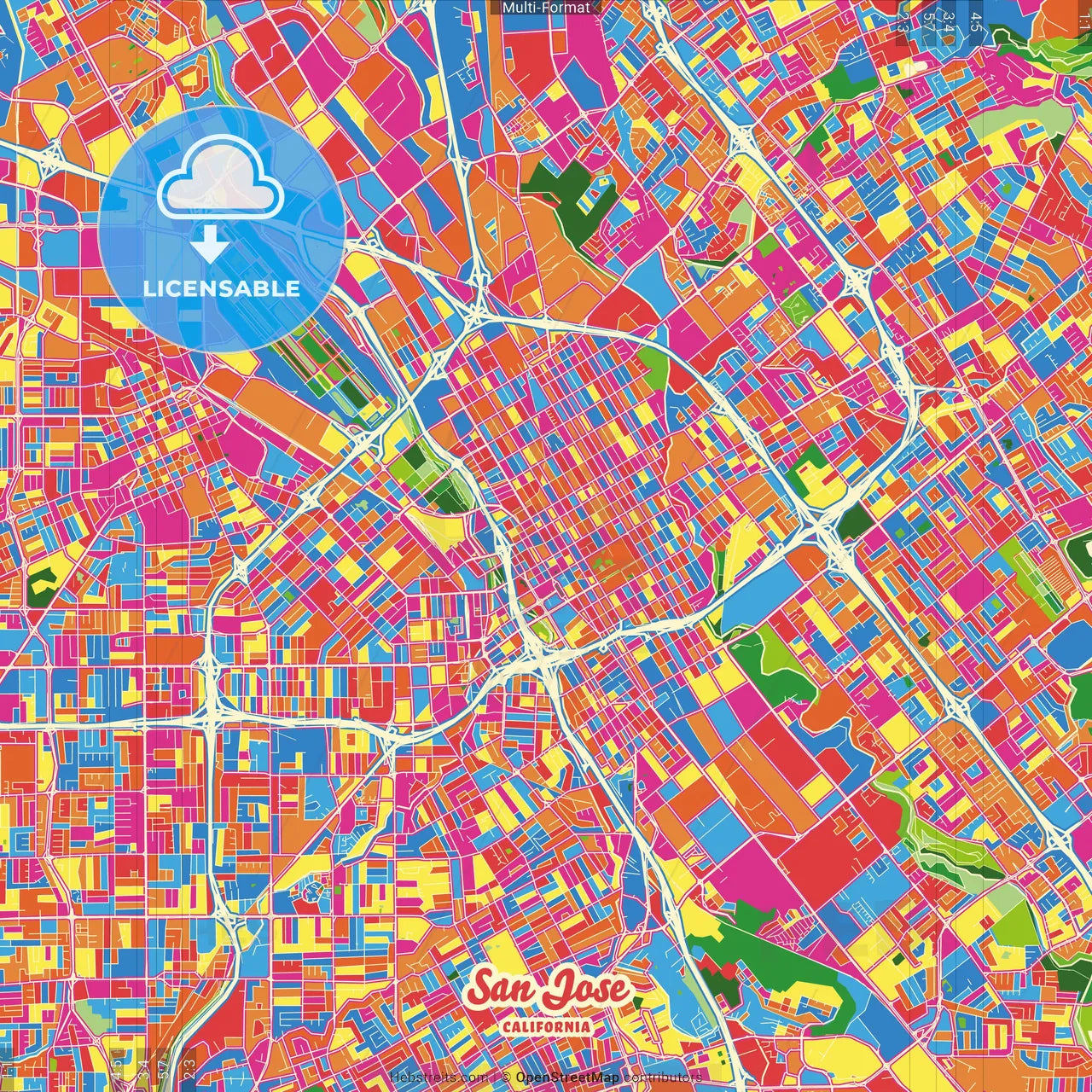 San Jose, California, United States Crazy Colorful Street Map Poster Template