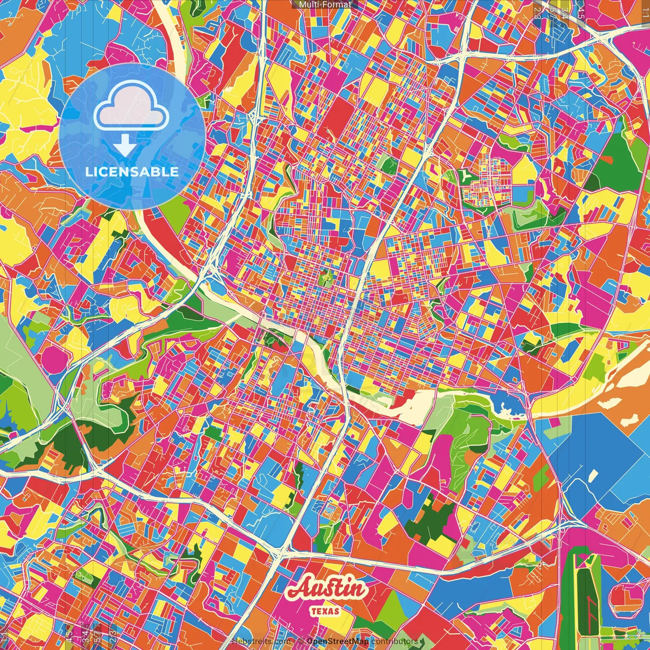 Austin, Texas, United States Crazy Colorful Street Map Poster Template