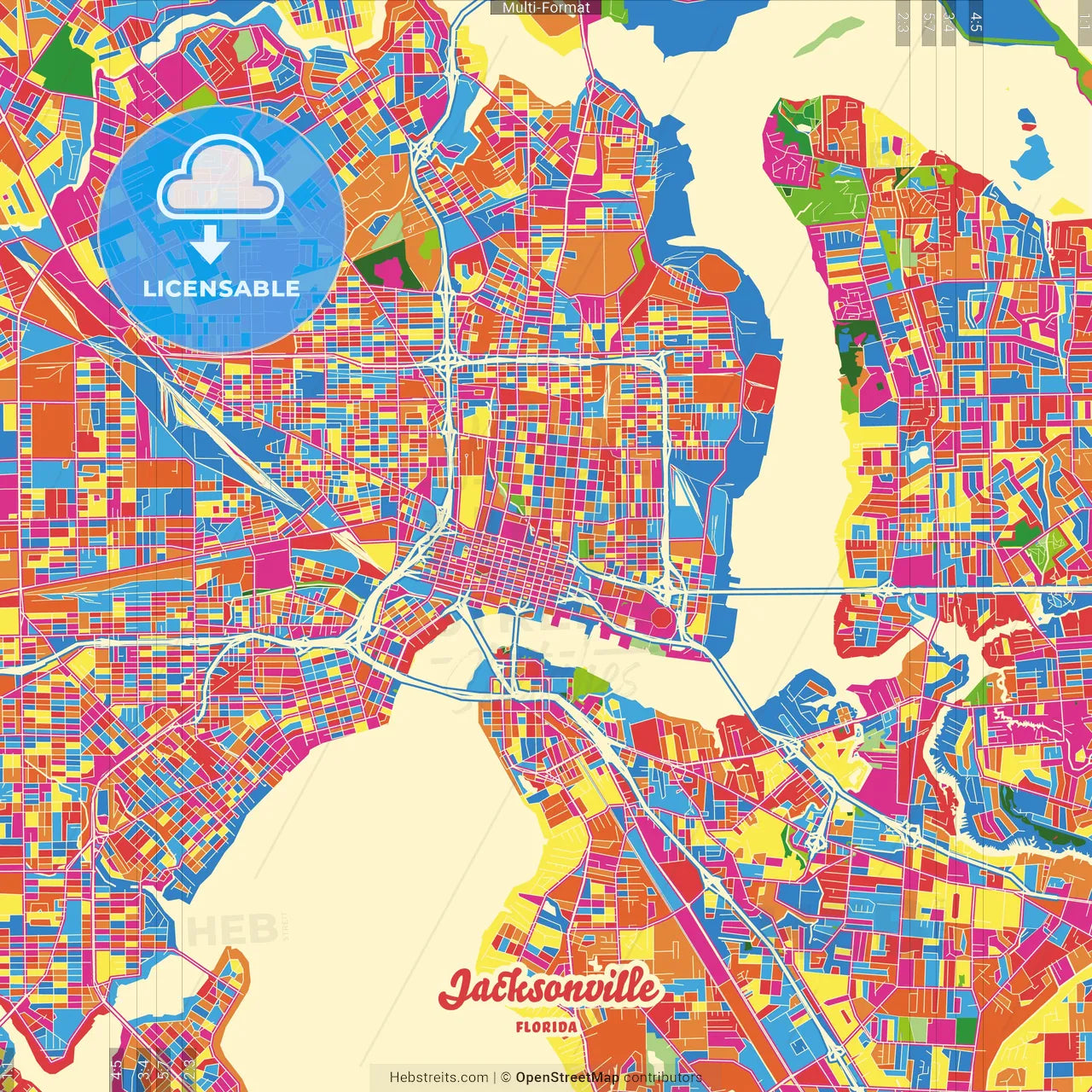 Jacksonville, Florida, United States Crazy Colorful Street Map Poster Template