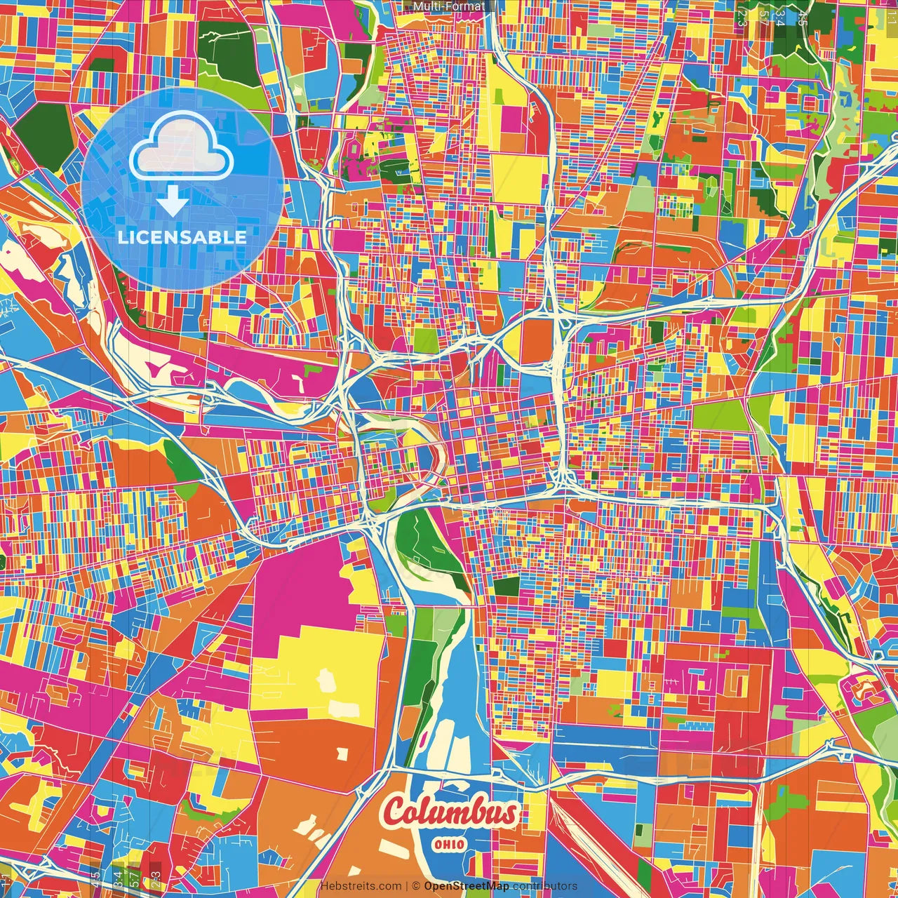 Columbus, Ohio, United States Crazy Colorful Street Map Poster Template