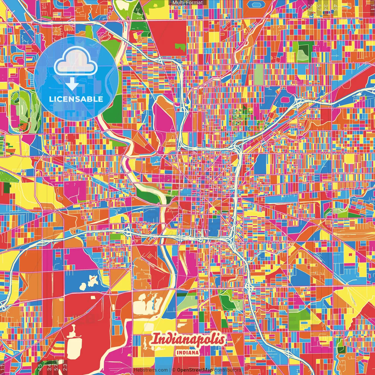 Indianapolis, Indiana, United States Crazy Colorful Street Map Poster Template