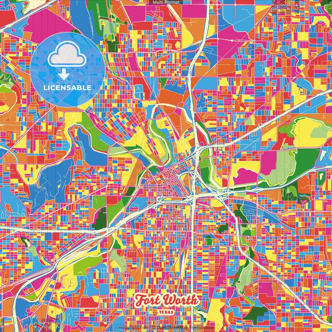 Fort Worth, Texas, United States Crazy Colorful Street Map Poster Template