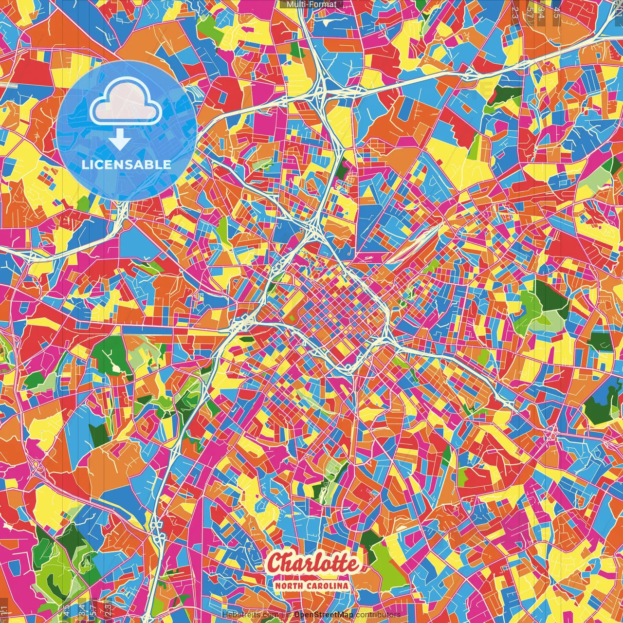 Charlotte, North Carolina, United States Crazy Colorful Street Map Poster Template