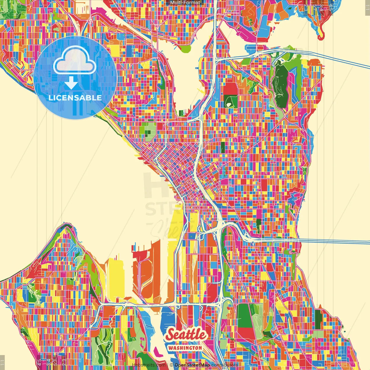 Seattle, Washington, United States Crazy Colorful Street Map Poster Template