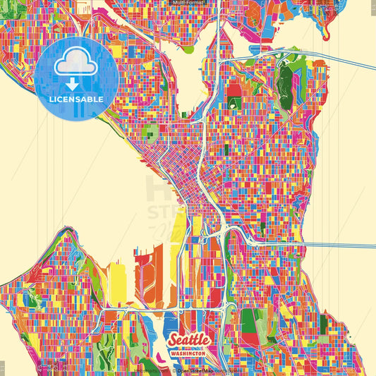 Seattle, Washington, United States Crazy Colorful Street Map Poster Template