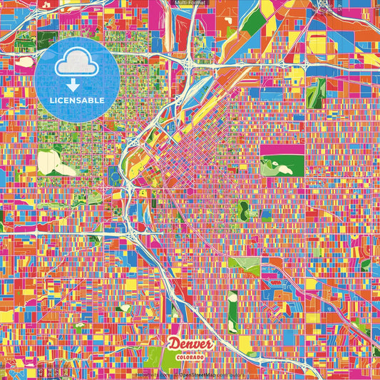Denver, Colorado, United States Crazy Colorful Street Map Poster Template