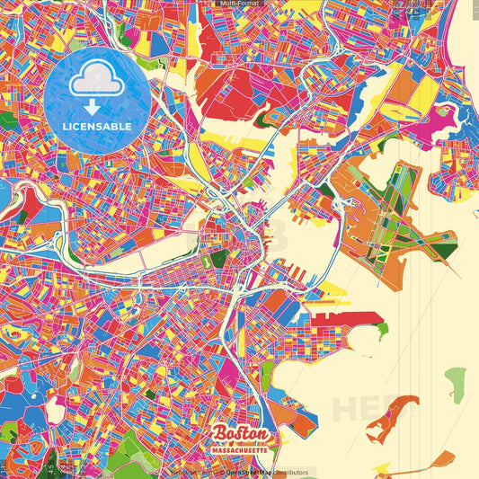 Boston, Massachusetts, United States Crazy Colorful Street Map Poster Template