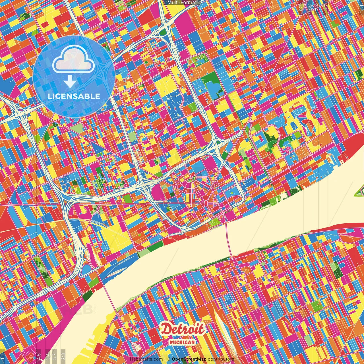 Detroit, Michigan, United States Crazy Colorful Street Map Poster Template