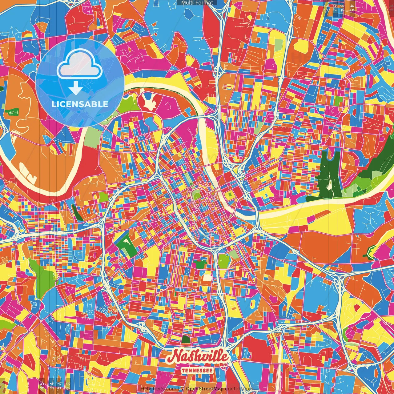 Nashville, Tennessee, United States Crazy Colorful Street Map Poster Template
