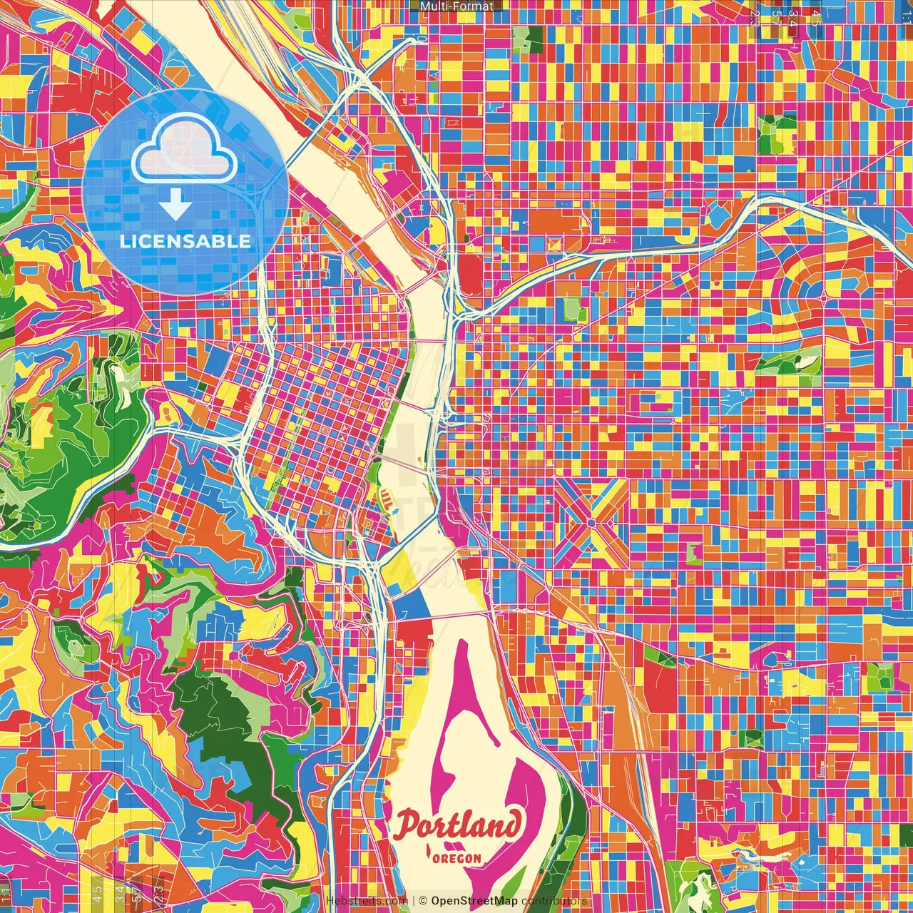 Portland, Oregon, United States Crazy Colorful Street Map Poster Template
